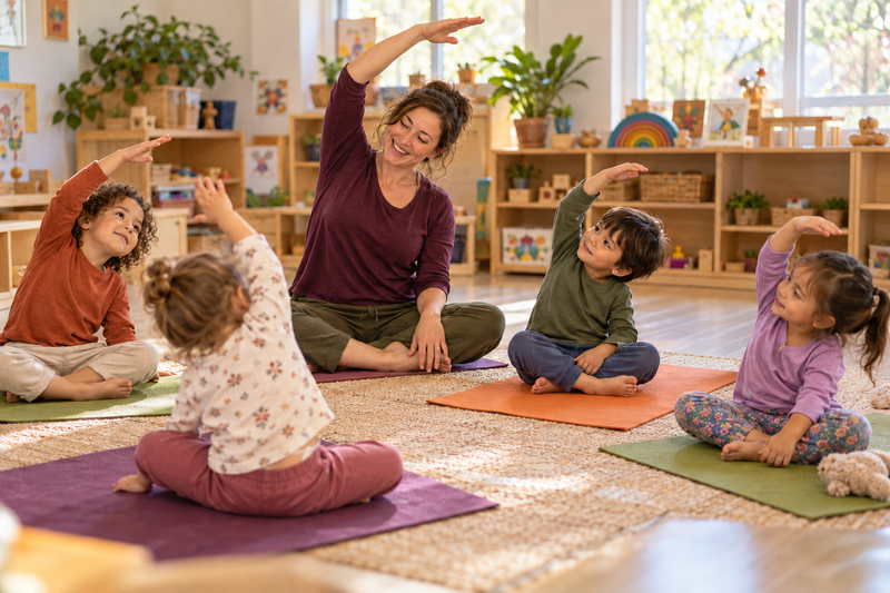 Une éducatrice pratique le yoga avec quatre enfants de 2 à 7 ans — illustration photographique générée