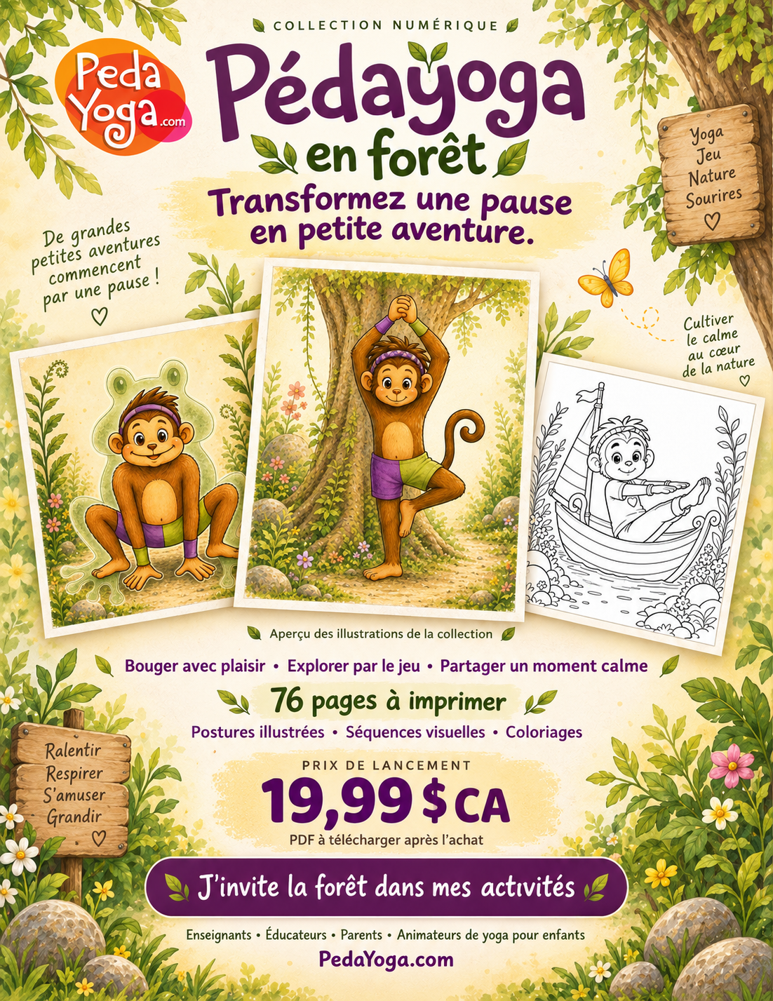 Pédayoga en forêt : transformez une pause en petite aventure. Aperçu de la collection numérique, 76 pages à imprimer, prix de lancement 19,99 $ CA.